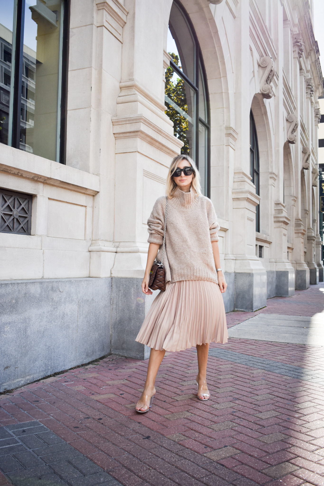 Beige Oversized Sweater and Pleated Skirt