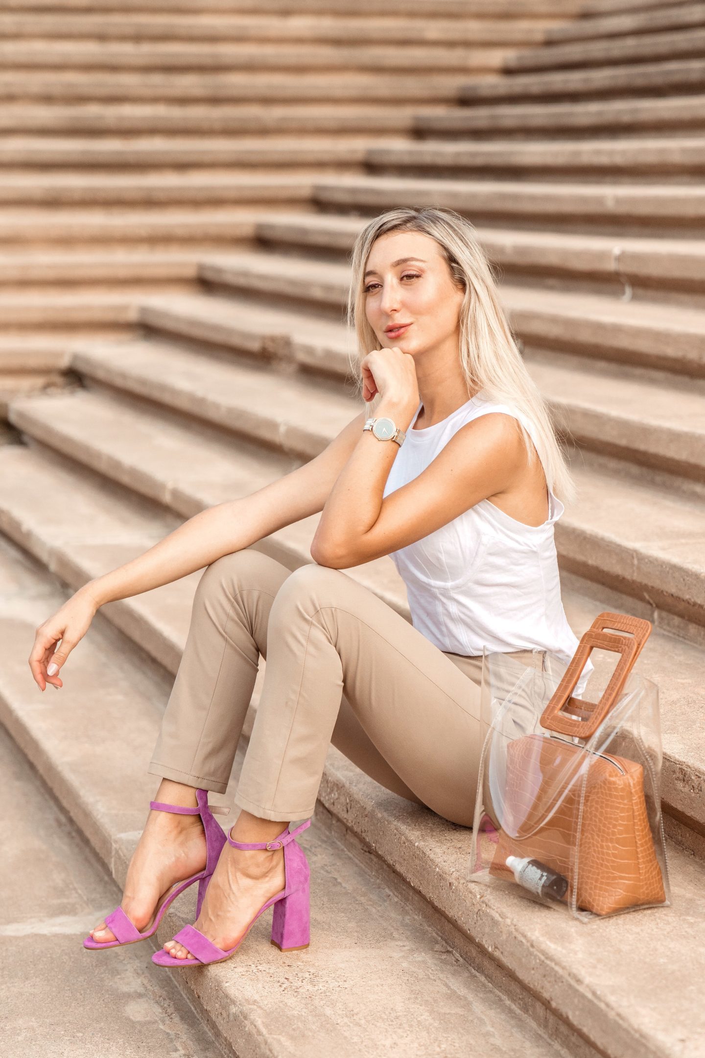 Mixing Neutrals and Colorful Block Heel Sandals